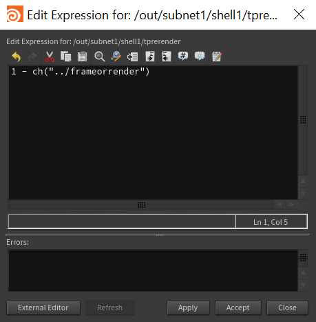 Expression Editor Showing Parm Expression on Shell Rop Toggle fo Pre-Render Script Enable
